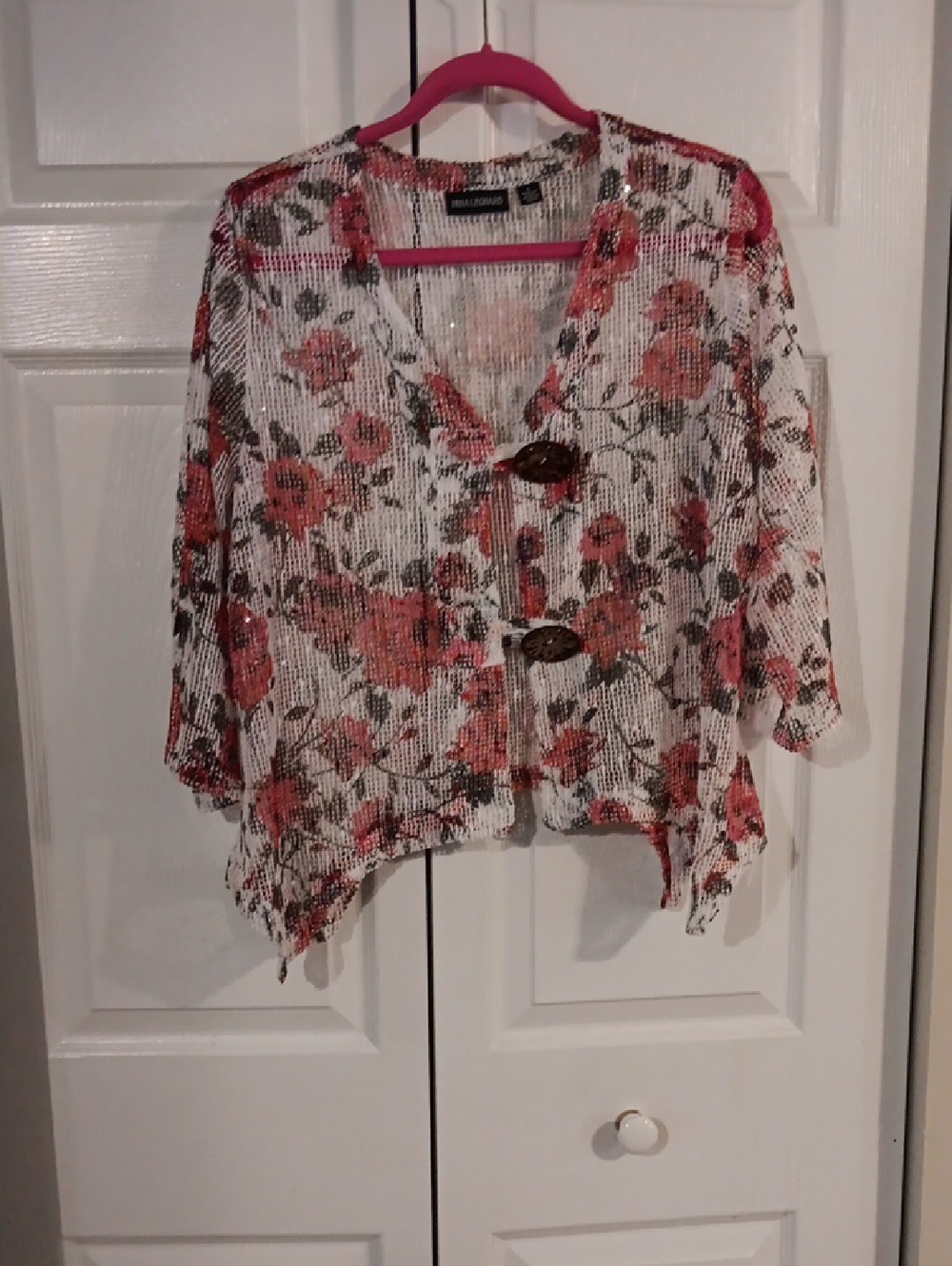White Open-Weave Red Floral Cardigan